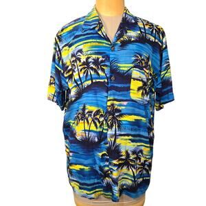 Vtg Pineapple Connections Mens L Hawaiian Shirt Palm Trees Sunset Island Beach